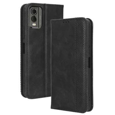 Para Nokia C32 Retro Texture PU Leather Wallet Cell Phone Case Folio Stand Protective Cover - Black