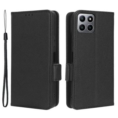 Per Boost Mobile Celero 5G+ PU Leather Wallet Litchi Texture Protective Case Stand Phone Cover with Strap - Black