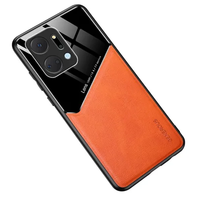 Stootvaste Hoes voor Honor X7a 5G Dunne Telefoonhoes TPU + PC + PU Leren Hoes Ondersteuning voor Magnetische Autohouder - Oranje