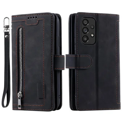 For Samsung Galaxy A23 4G / A23 5G (Global Version) Zipper Pocket PU Leather Phone Case 9 Card Slots Protective Cover - Black
