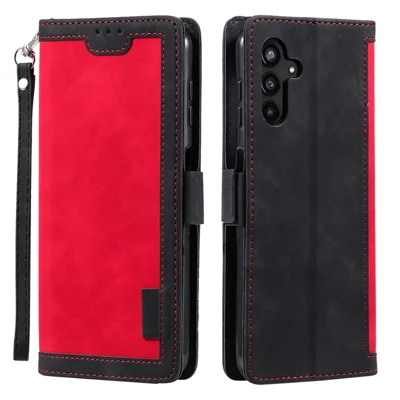 For Samsung Galaxy A24 4G (162.1 x 77.6 x 8.3mm) Leather Phone Case Stand Wallet Retro Color Splicing Cover with Strap - Red