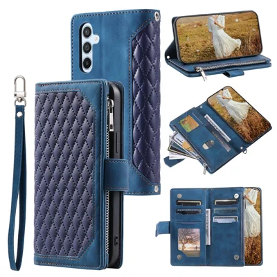 For Samsung Galaxy A24 4G (162.1 x 77.6 x 8.3mm) Rhombus Imprinted PU Leather Cover Zipper Pocket Wallet Phone Case with Strap - Blue