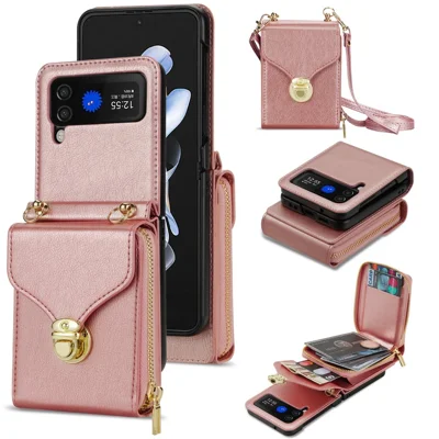 For Samsung Galaxy Z Flip3 5G Zipper Card Bag Phone Case Leather+TPU+PC Cover with Shoulder Strap - Rose Gold