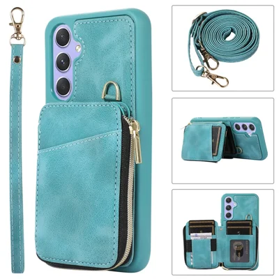 Für Samsung Galaxy A34 5G Kickstand Phone Case Zipper Card Bag Leather TPU Phone Cover mit Riemen - Grün
