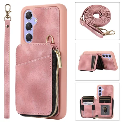 Card Holder Pocket Case for Samsung Galaxy A54 5G PU Leather Coated TPU Kickstand Phone Cover Shell - Pink