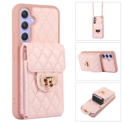 For Samsung Galaxy A14 4G / 5G Card Holder Crossbody Case PU Leather+TPU Kickstand Phone Cover - Pink