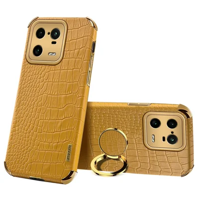Per Xiaomi 13 Pro 5G PU Leather Coated TPU Phone Case Crocodile Texture 6D Electroplated Cover with Ring Holder Kickstand - Yellow
