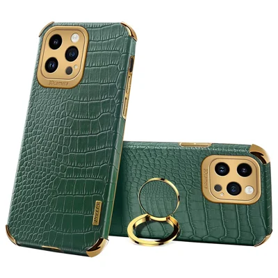 For iPhone 14 Pro 6D Electroplated Kickstand Phone Case PU Leather + TPU Crocodile Texture Back Cover - Green