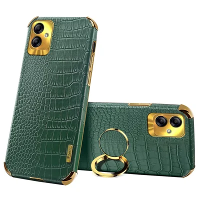 For Samsung Galaxy A04 4G (164.4 x 76.3 x 9.1 mm) Crocodile Texture Phone Case Electroplating Ring Kickstand PU Leather Coated TPU Cover - Green