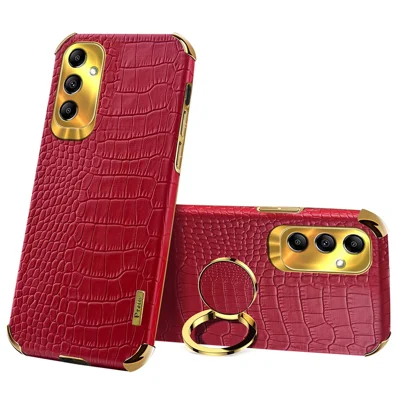 Kickstand Phone Case for Samsung Galaxy A14 4G / 5G , 6D Electroplating PU Leather Coated TPU Crocodile Texture Back Cover - Red