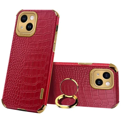 For iPhone 14 Plus Kickstand 6D Electroplating Cover PU Leather Coated TPU Crocodile Texture Phone Case - Red