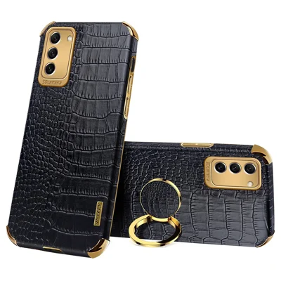 For Samsung Galaxy S23+ PU Leather Coated TPU Case 6D Electroplating Ring Kickstand Phone Cover - Black