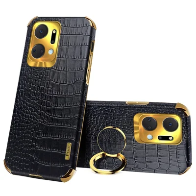 Krokodillenstructuur Telefoonhoesje voor Honor X7a 4G / 5G, PU Leer Gecoat TPU 6D Gegalvaniseerde Hoes met Ringstandaard - Zwart