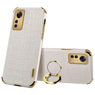 For Xiaomi Redmi K50 Ultra 5G / 12T 5G Crocodile Texture Leather Coated TPU Cover Ring Kickstand 6D Electroplated Phone Case - White