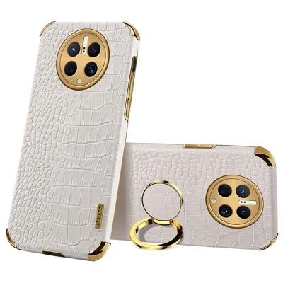 For Huawei Mate 50 Pro 4G Crocodile Texture Ring Kickstand Case 6D Electroplated Leather Coated TPU Phone Cover - White