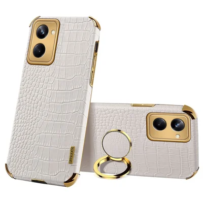For Realme 10 Pro 5G Ring Kickstand Electroplating Phone Case PU Leather Coated TPU Cover - White