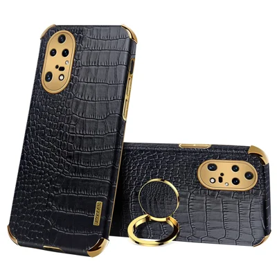 For Huawei P50 Pro 4G Crocodile Texture Electroplating Cover PU Leather Coated TPU Phone Case with Ring Kickstand - Black