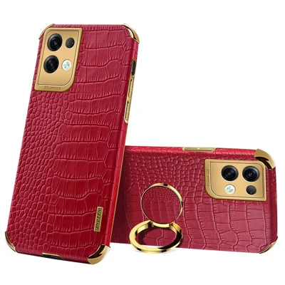 For Oppo Reno8 Pro 5G (Global Version) Crocodile Texture Leather Coated TPU Mobile Case 6D Electroplating Cover with Ring Kickstand - Red