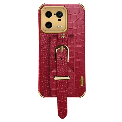 For Xiaomi 13 Pro 5G Wristband Kickstand Phone Case Leather Coated TPU Electroplating Cover - Red