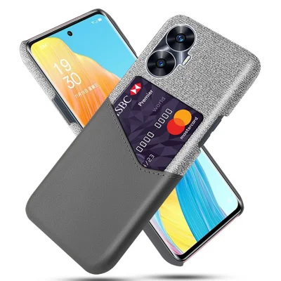 Card Holder Phone Case for Realme C55 4G , Cloth Texture Leather Coated PC Cover - Grey