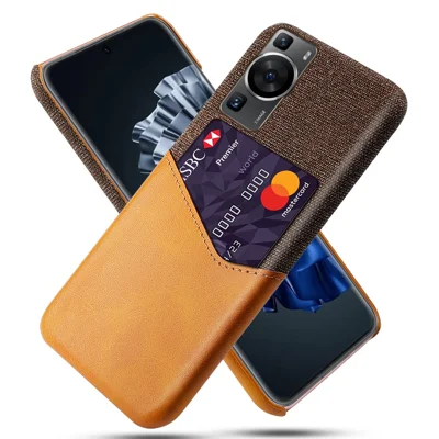For Huawei P60 / P60 Pro Card Holder Phone Case Cloth Texture Leather Coated PC Cover - Orange