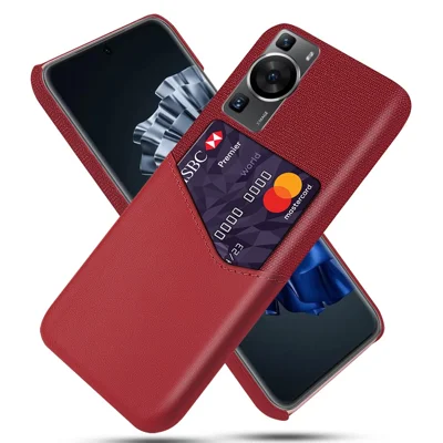 جراب هاتف بحامل بطاقة لهواوي P60 / P60 Pro، غطاء واقي من مادة البولي كربونات مطلي بنسيج قماشي وجلد صناعي - أحمر