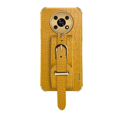 Voor Honor X30 5G Krocodilestructuur Telefoonhoes 6D Geëlectroplateerd Leermet TPU Anti-val Hoes met Handband - Geel