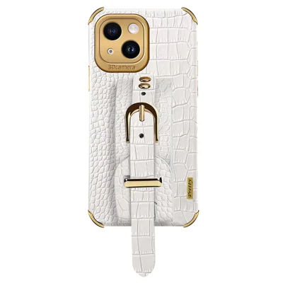 Anti-Drop Phone Cover for iPhone 14 Crocodile Texture Electroplating Phone Case with Hand Strap Kickstand - White