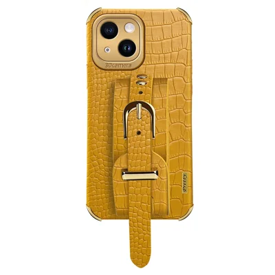 Anti-Drop Phone Cover for iPhone 14 Crocodile Texture Electroplating Phone Case with Hand Strap Kickstand - Yellow