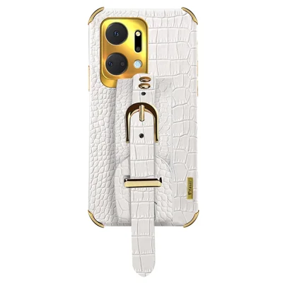 Krokodillenstructuur telefoonhoesje voor Honor X7a 4G / 5G, met elektrolytische coating, beschermhoes met handband en standaard - Wit