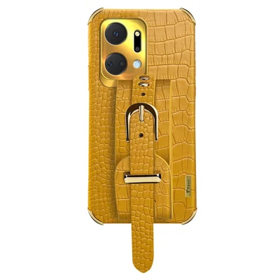 Crocodile Texture Phone Case for Honor X7a 4G / 5G Electroplating Protective Case with Hand Strap Kickstand - Yellow
