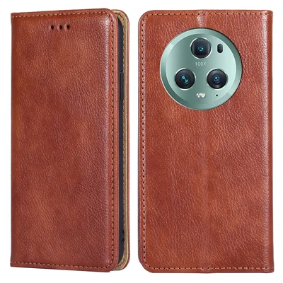 For Honor Magic5 Pro Drop Protection Wallet Stand Case Magnetic Closing PU Leather Phone Cover - Brown