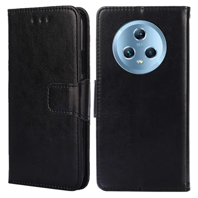 Protective Cover for Honor Magic5 , PU Leather Anti-Drop Phone Wallet Case with Stand - Black