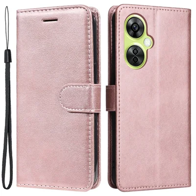 For OnePlus Nord CE 3 Lite 5G / Nord N30 5G Case Solid Color Leather Mobile Cover Wallet Stand with Strap - Rose Gold