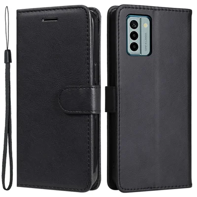 For Nokia G22 Case Solid Color Leather Mobile Cover Wallet Stand with Strap - Black