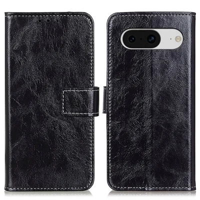 Retro Crazy Horse Texture Leather Case for Google Pixel 8 , Stand Wallet Cell Phone Cover - Black