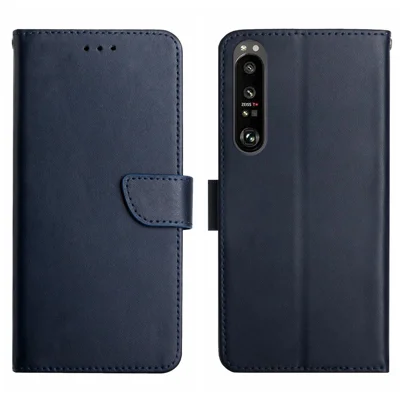 HT02 voor Sony Xperia 1 V Nappastructuur hoesje met standaard portemonnee van echt koeienleer - Blauw