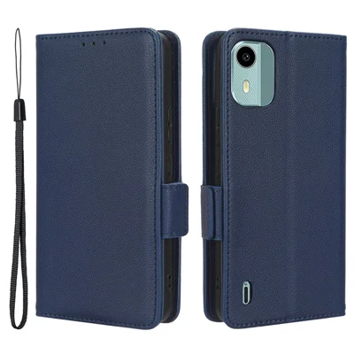 Brieftaschenhülle für Nokia C12 4G / C12 Pro / C12 Plus PU-Leder Litschi-Textur Kippständer-Handyhülle mit Gurt - Dunkelblau