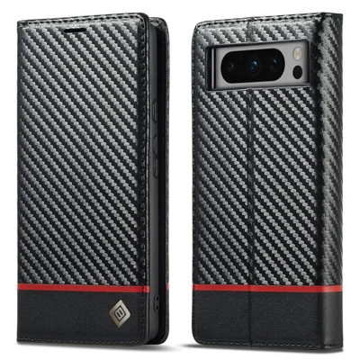 LC.IMEEKE Para Google Pixel 8 Pro Funda de cartera de piel PU con textura de fibra de carbono Cubierta con soporte - Rayas horizontales