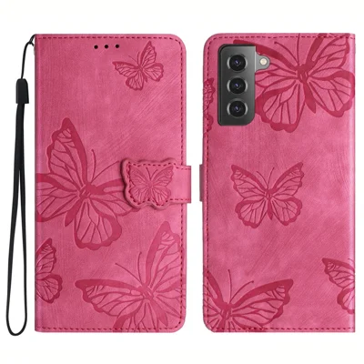 For Samsung Galaxy S22 5G Wallet Phone Case Skin-Touch Leather Cover Butterfly Imprinted Stand Phone Shell - Rose