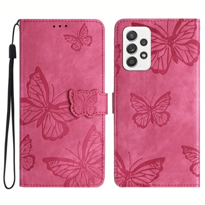 For Samsung Galaxy A52 4G / 5G / A52s 5G Anti-Fall Wallet Phone Case Butterfly Imprinted Skin-Touch Leather Phone Cover - Rose