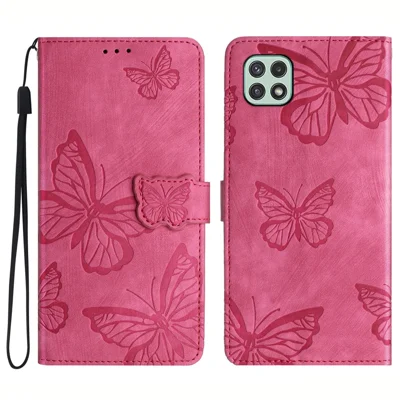 Butterfly Imprinted Shell for Samsung Galaxy A22 5G (EU Version) Stand PU Leather Wallet Skin-touch Phone Cover - Rose