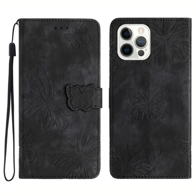 For iPhone 12 / 12 Pro 6.1 inch Skin-touch PU Leather Stand Wallet Case Butterfly Imprinted Phone Cover - Black
