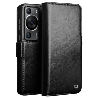 QIALINO Für Huawei P60 Genuine Cow Leather Wallet Phone Case Stand Shockproof Folio Cover - Schwarz