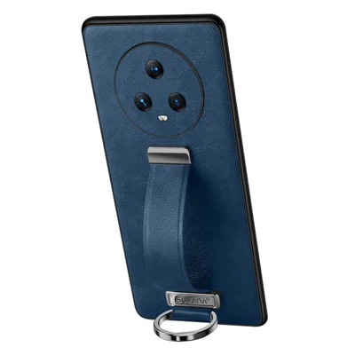 SULADA Fashion Series for Honor Magic5 Crazy Horse Texture Phone Case Leather Coated PC + TPU Cover with Hand Strap Kickstand - Blue