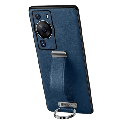 SULADA Fashion Series für Huawei P60 Pro Crazy Horse Texture Rückenabdeckung mit ausziehbarem Gurt, Ständer, Leder beschichteter PC + TPU Handyhülle - Blau