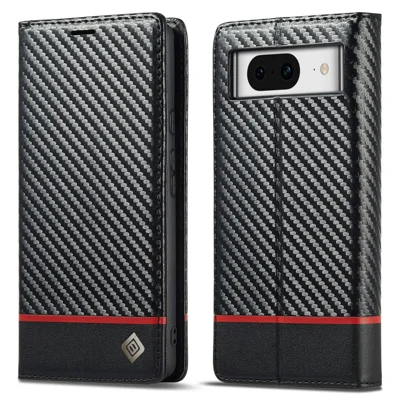 LC.IMEEKE For Google Pixel 8 Wallet Stand Phone Leather Case Carbon Fiber Texture Cover - Horizontal Stripe