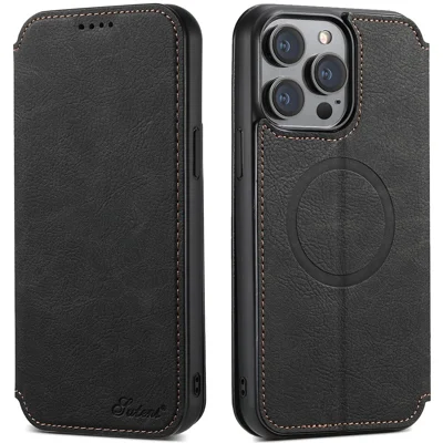 SUTENI J06 For iPhone 14 Pro Max Wallet Case PU Leather Phone Stand Cover Compatible with MagSafe - Black