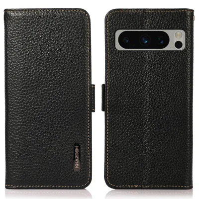 KHAZNEH For Google Pixel 8 Pro RFID Blocking Phone Case Wallet Stand Genuine Cow Leather Cover - Black