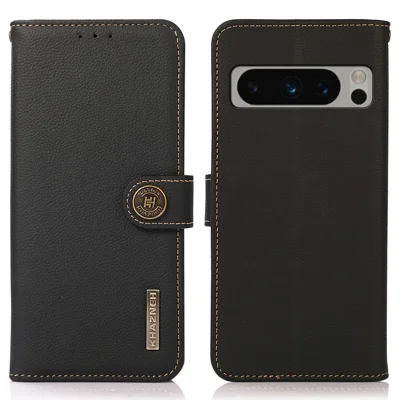 KHAZNEH For Google Pixel 8 Pro Phone Stand Case Wallet RFID Blocking Genuine Cow Leather Phone Cover - Black